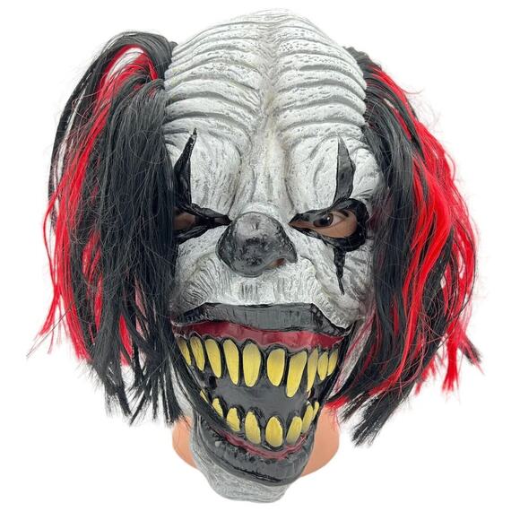 Halloween Rubber Scary Clown Mask Glow In Dark Red Black Hair Creepy - Picture 1 of 12